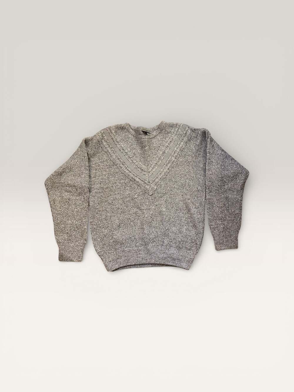 Vintage | Made in Italy | Grey Knit Sweater | Leather Trim Wool Blend | Sz M